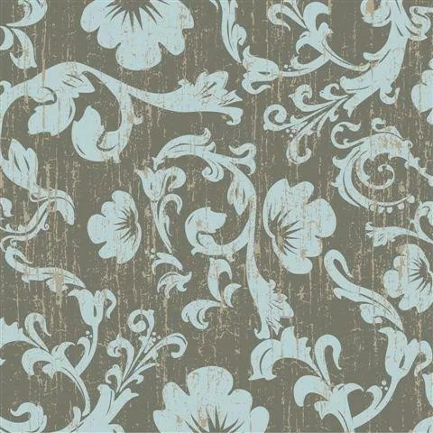 White baroque damask florals and scrolls on distressed grey-brown striped background