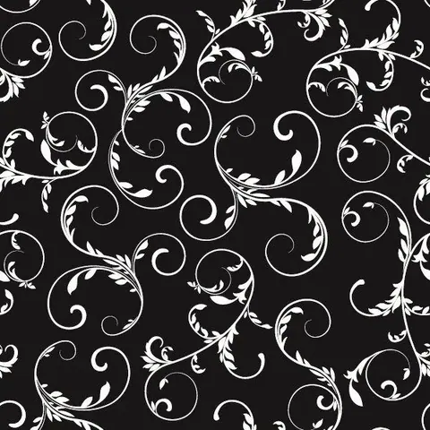 White baroque scrolls and leaf motifs on black background in repeating pattern