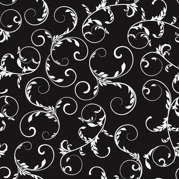 White baroque scrolls and leaf motifs on black background in repeating pattern