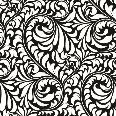 Black and white ornamental baroque swirl pattern with repeating curved flourishes and flowing leaf motifs