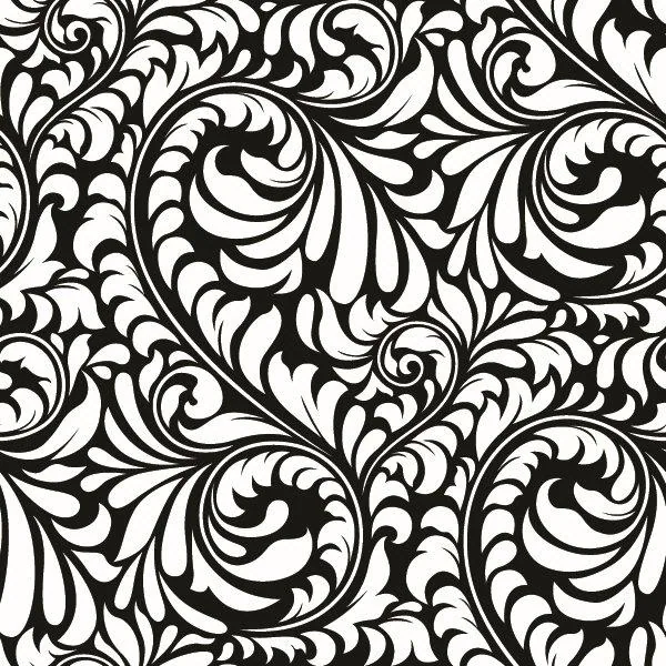 Black and white ornamental baroque swirl pattern with repeating curved flourishes and flowing leaf motifs