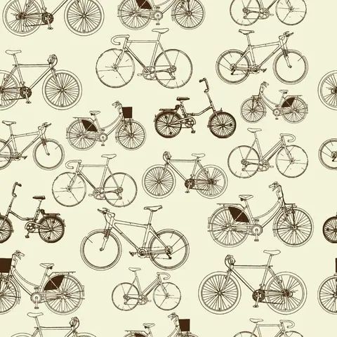 Repeating pattern of vintage bicycles in brown line drawings on cream background, including road bikes, city bikes, and delivery bikes.