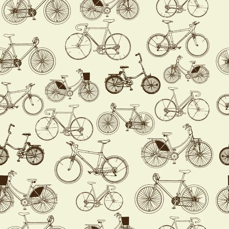 Repeating pattern of vintage bicycles in brown line drawings on cream background, including road bikes, city bikes, and delivery bikes.