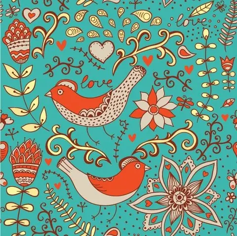 Turquoise wallpaper with red birds, hearts, flowers, and decorative foliage in boho style