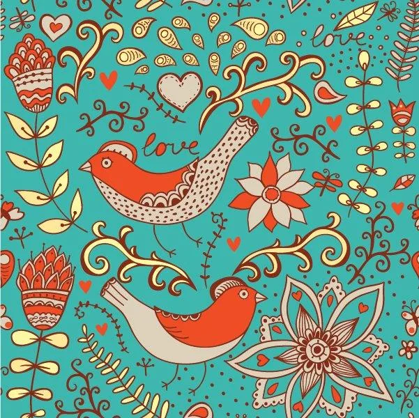 Turquoise wallpaper with red birds, hearts, flowers, and decorative foliage in boho style