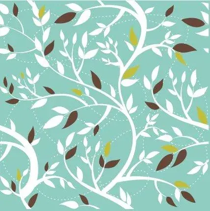 Turquoise wallpaper with white branches and layered leaves in cream, brown, and yellow tones