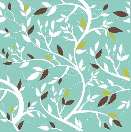 Turquoise wallpaper with white branches and layered leaves in cream, brown, and yellow tones