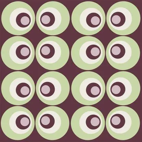 Repeating pattern of sage green and cream concentric circles arranged in a 4x4 grid on deep purple background.
