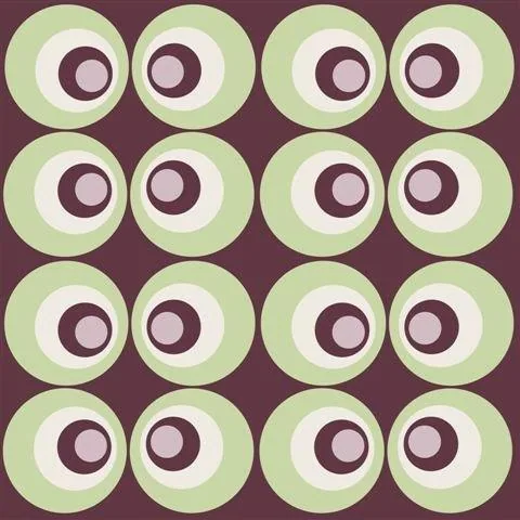 Repeating pattern of sage green and cream concentric circles arranged in a 4x4 grid on deep purple background.
