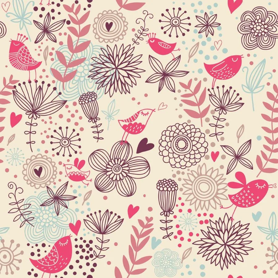 Seamless floral pattern with stylized birds, flowers, and leaves in pink, burgundy, and blue on cream background.