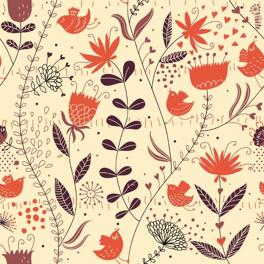 Repeating folk art pattern with red flowers, birds, and ornamental botanical elements on cream background.