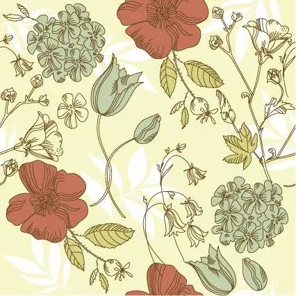 Hand-drawn botanical wallpaper with red poppies, tulips, and flowering plants on cream background
