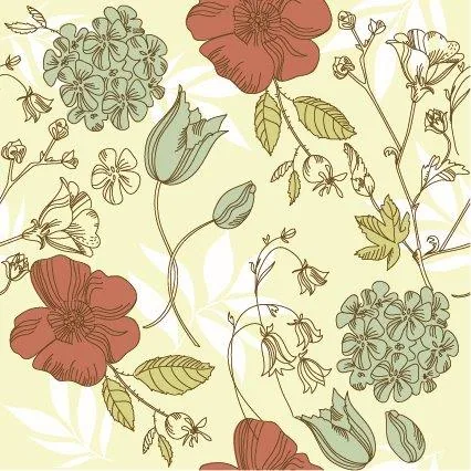 Hand-drawn botanical wallpaper with red poppies, tulips, and flowering plants on cream background