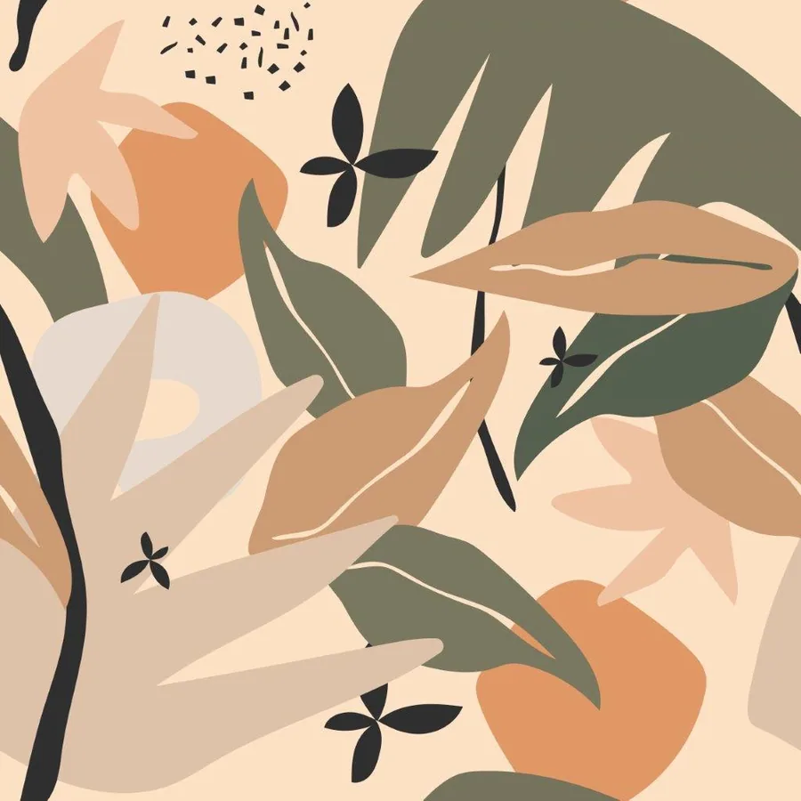 Abstract botanical wallpaper with overlapping leaves, flowers, and organic shapes in warm earth tones and sage green.
