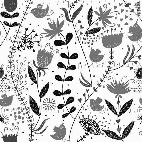 Black and gray botanical pattern with stylized flowers, leaves, and abstract organic shapes on white background