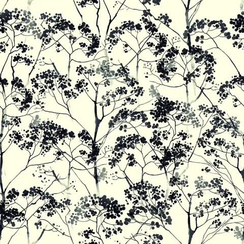 Black and grey botanical pattern with silhouetted seed pods and branching stems on cream background