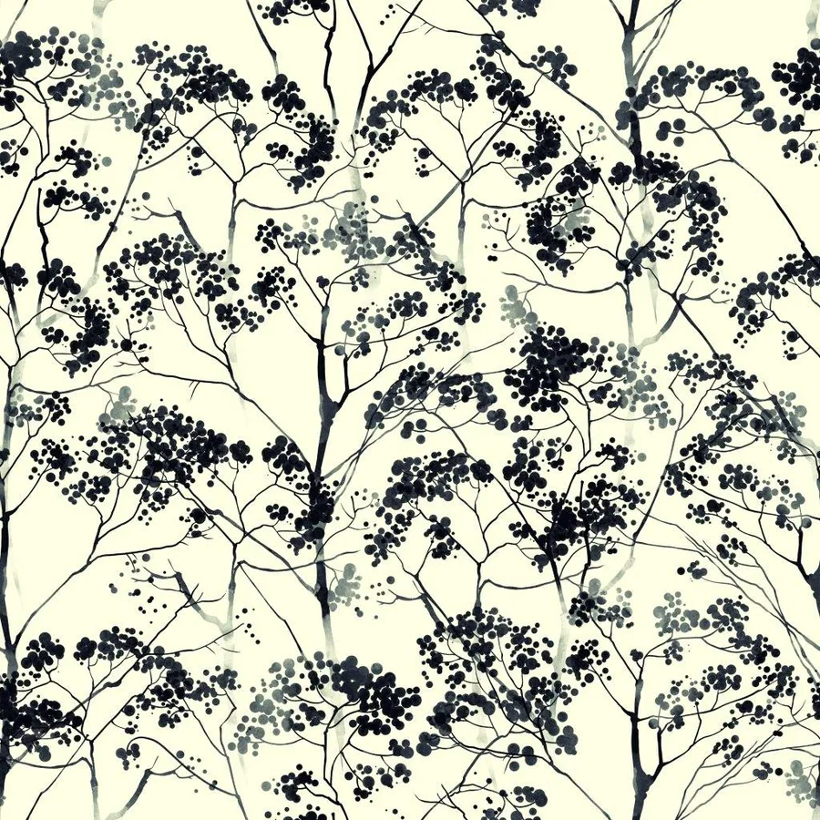 Black and grey botanical pattern with silhouetted seed pods and branching stems on cream background