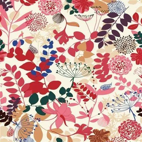 Colorful botanical pattern with red, pink, and teal flowers, leaves, and decorative stems on cream background.