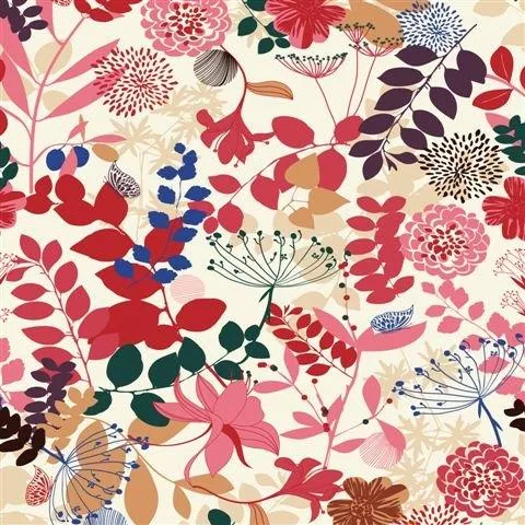 Colorful botanical pattern with red, pink, and teal flowers, leaves, and decorative stems on cream background.