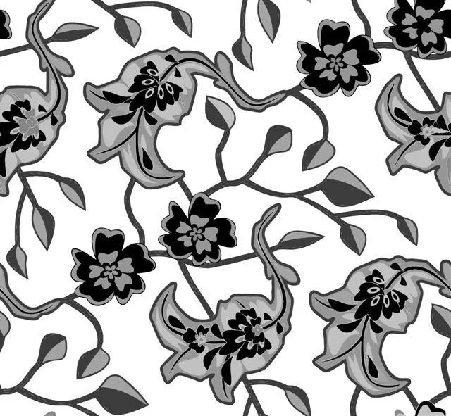 Black and grey repeating floral pattern with curving vines, leaves, and clustered flowers on white background.