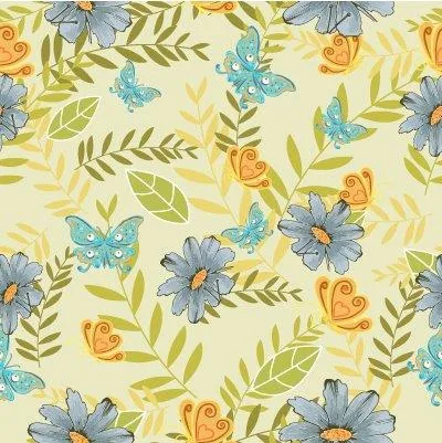 Yellow wallpaper with blue daisies, turquoise butterflies, orange flowers, and green leaf patterns