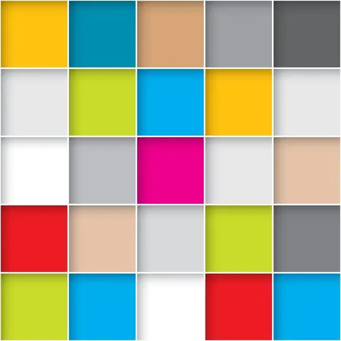 Repeating mosaic tile pattern with colorful squares in yellow, blue, red, lime green, magenta, grey, beige, and white.