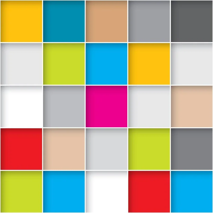 Repeating mosaic tile pattern with colorful squares in yellow, blue, red, lime green, magenta, grey, beige, and white.