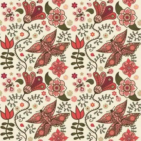 Repeating pattern of ornate butterflies, flowers, and botanical elements in coral, red, and green on cream background.