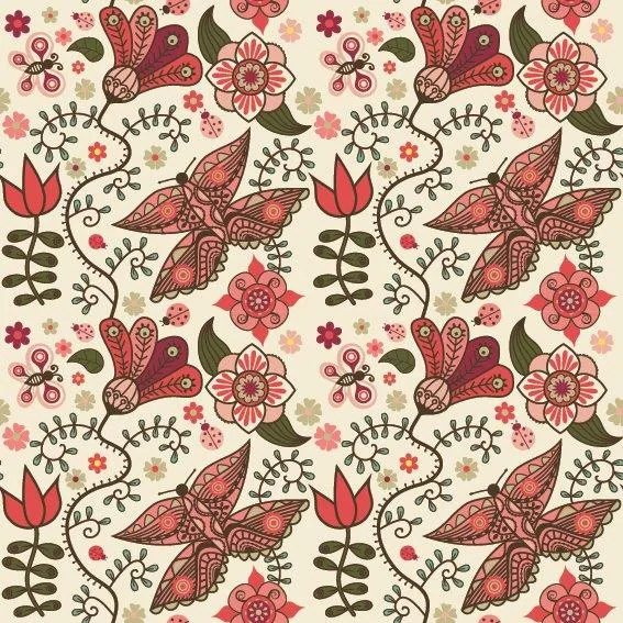 Repeating pattern of ornate butterflies, flowers, and botanical elements in coral, red, and green on cream background.