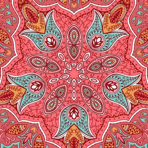 Symmetrical mosaic tile pattern with coral background, turquoise petals, and gold accents in a kaleidoscopic design.
