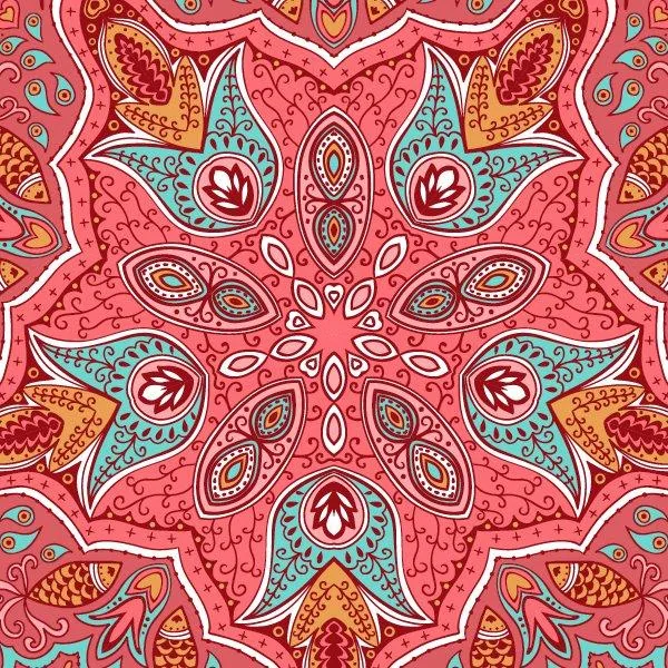Symmetrical mosaic tile pattern with coral background, turquoise petals, and gold accents in a kaleidoscopic design.