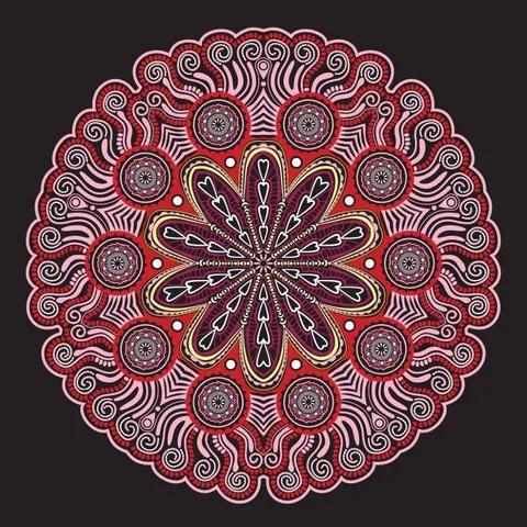 Red and gold symmetrical mandala pattern with ornate geometric petals and circular mosaic tile details on dark background.