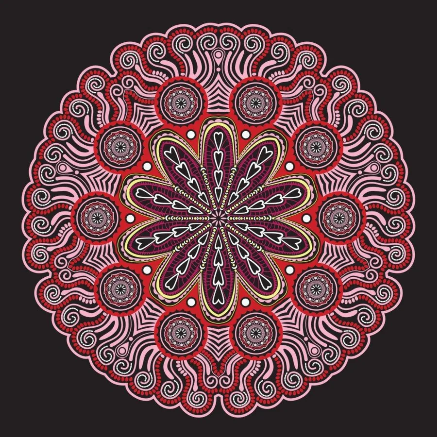 Red and gold symmetrical mandala pattern with ornate geometric petals and circular mosaic tile details on dark background.
