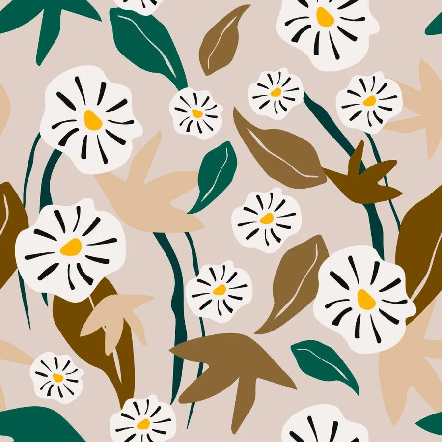 Repeating pattern of white daisies with yellow centers and olive, teal, and cream leaves on beige background