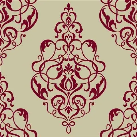 Burgundy ornate damask medallions repeating on cream wallpaper