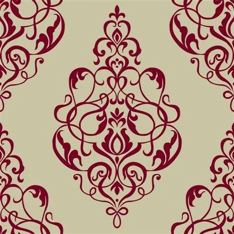 Burgundy ornate damask medallions repeating on cream wallpaper