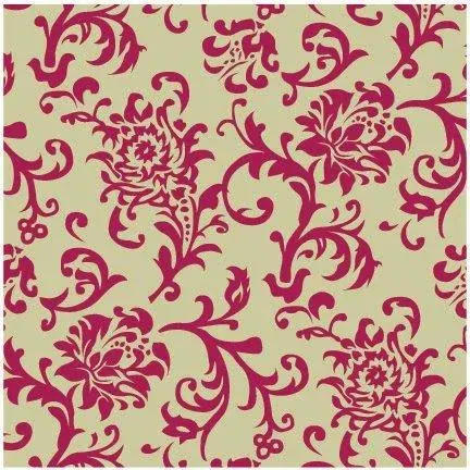 Repeating damask pattern with burgundy ornamental florals on cream background