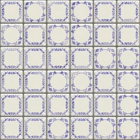 Blue and white ceramic tile pattern with ornate circular frames and decorative corner motifs arranged in a repeating grid.