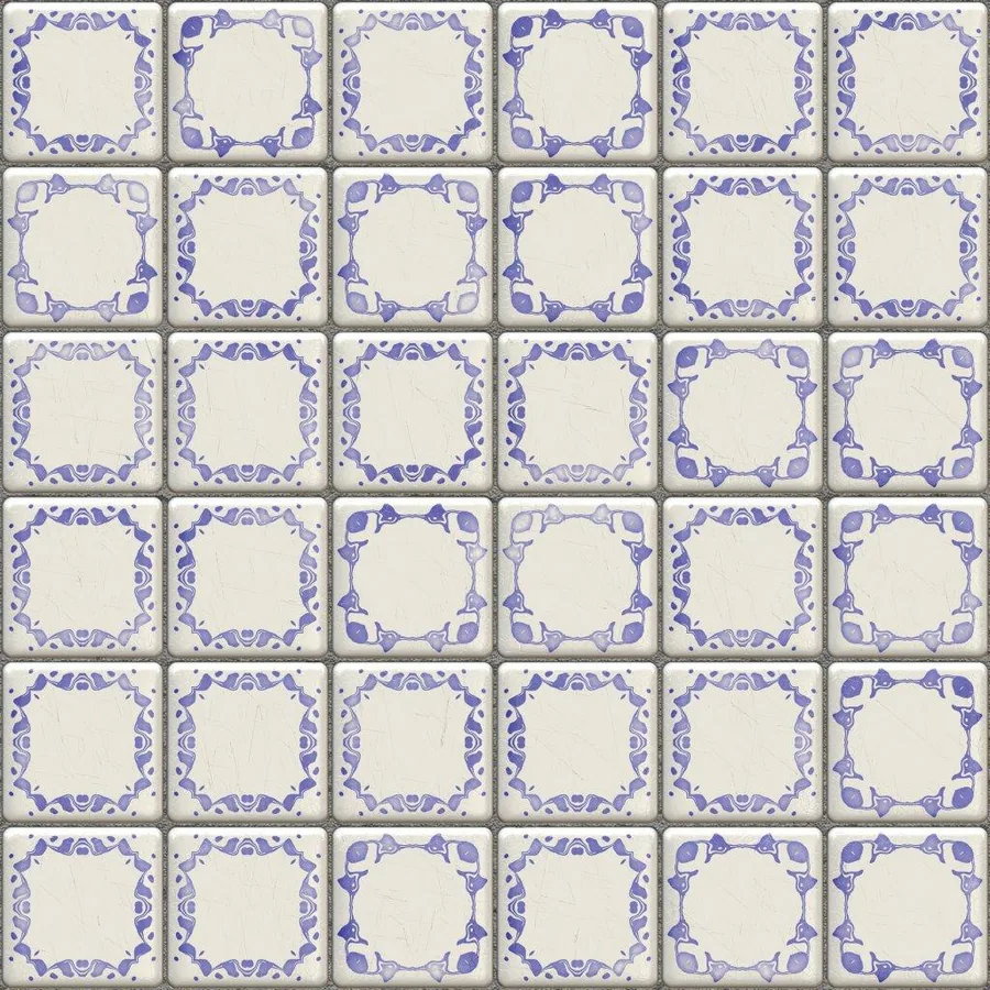 Blue and white ceramic tile pattern with ornate circular frames and decorative corner motifs arranged in a repeating grid.