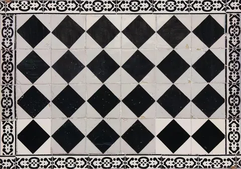 Black and white diamond mosaic tile pattern with ornate decorative border