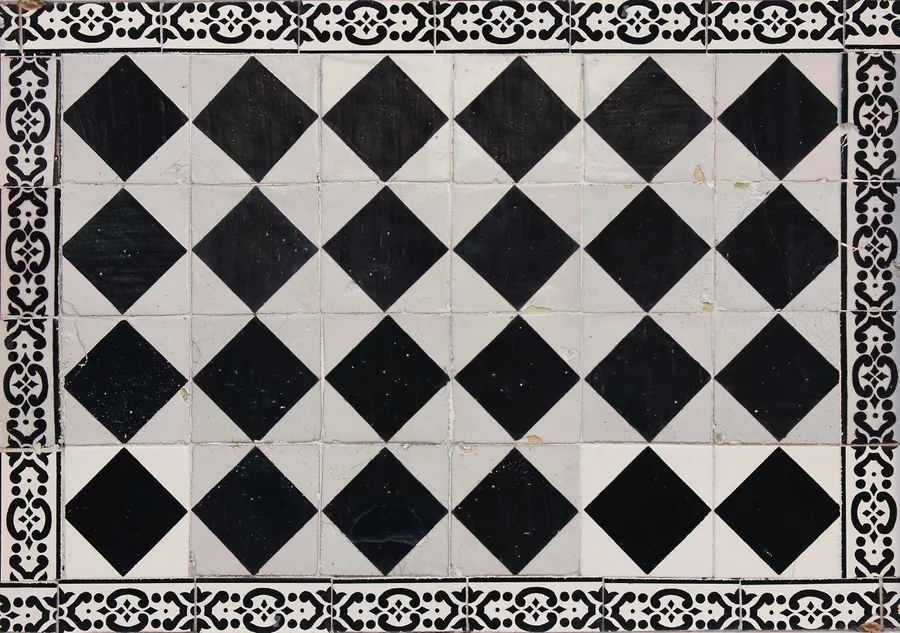 Black and white diamond mosaic tile pattern with ornate decorative border