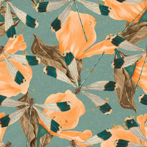 Repeating pattern of illustrated dragonflies with white and teal wings among orange flowers and brown foliage on a teal background.