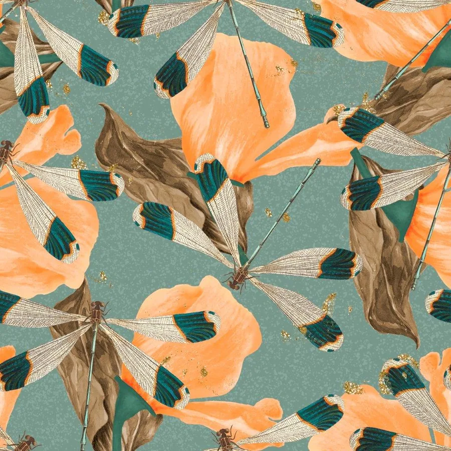 Repeating pattern of illustrated dragonflies with white and teal wings among orange flowers and brown foliage on a teal background.