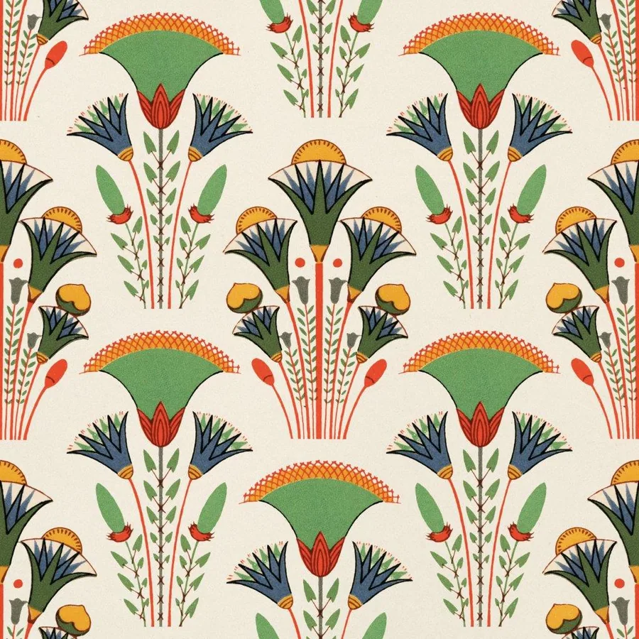 Repeating pattern of green lotus flowers with blue and orange accents on cream background, Egyptian-inspired botanical design.