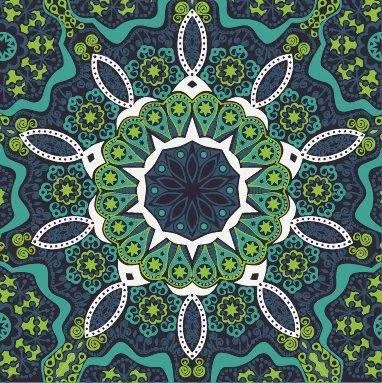 Symmetrical mandala pattern with white geometric rays, lime green floral motifs, and navy blue background tiles