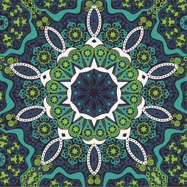 Symmetrical mandala pattern with white geometric rays, lime green floral motifs, and navy blue background tiles