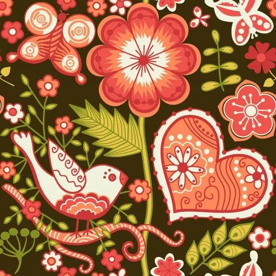 Colorful folkloric wallpaper with red flowers, a white bird, ornate heart motifs, and green foliage on dark brown background.