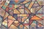 Abstract geometric mosaic pattern with intersecting lines in warm terracotta, gold, and deep purple tones