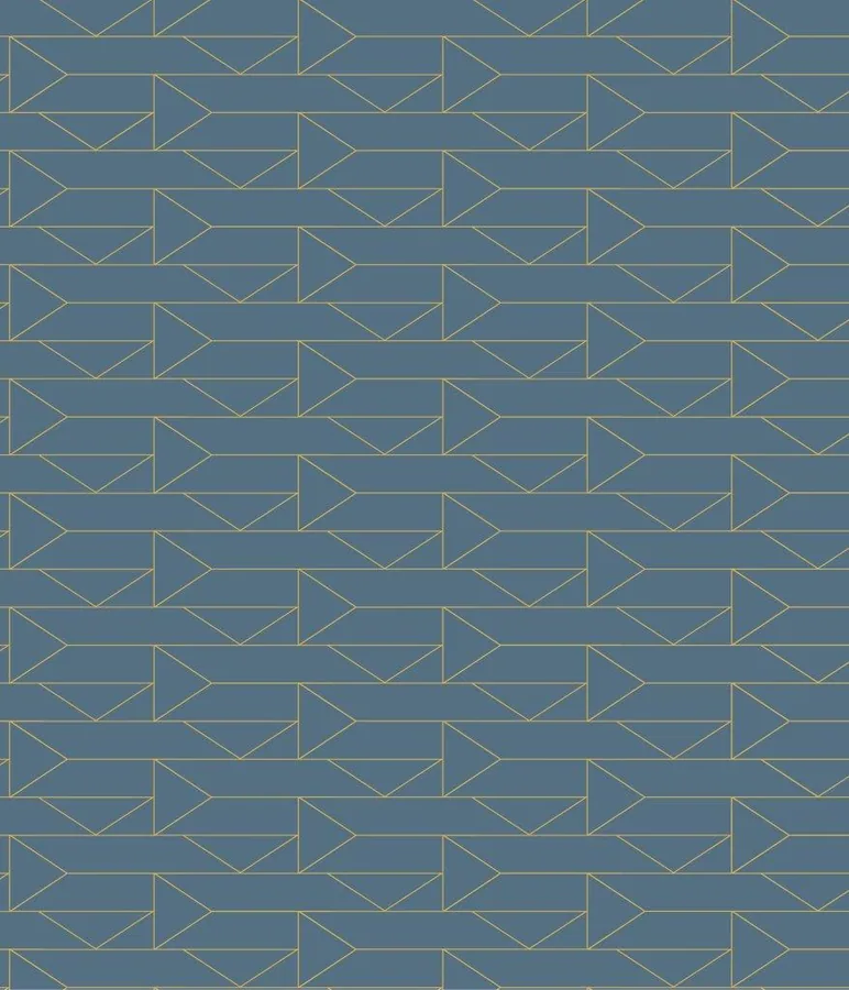 Repeating geometric pattern of gold triangular arrows and chevron shapes on slate blue background