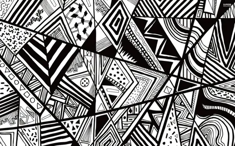 Abstract black and white geometric mosaic pattern with overlapping stripes, triangles, dots, and tessellating tile designs.